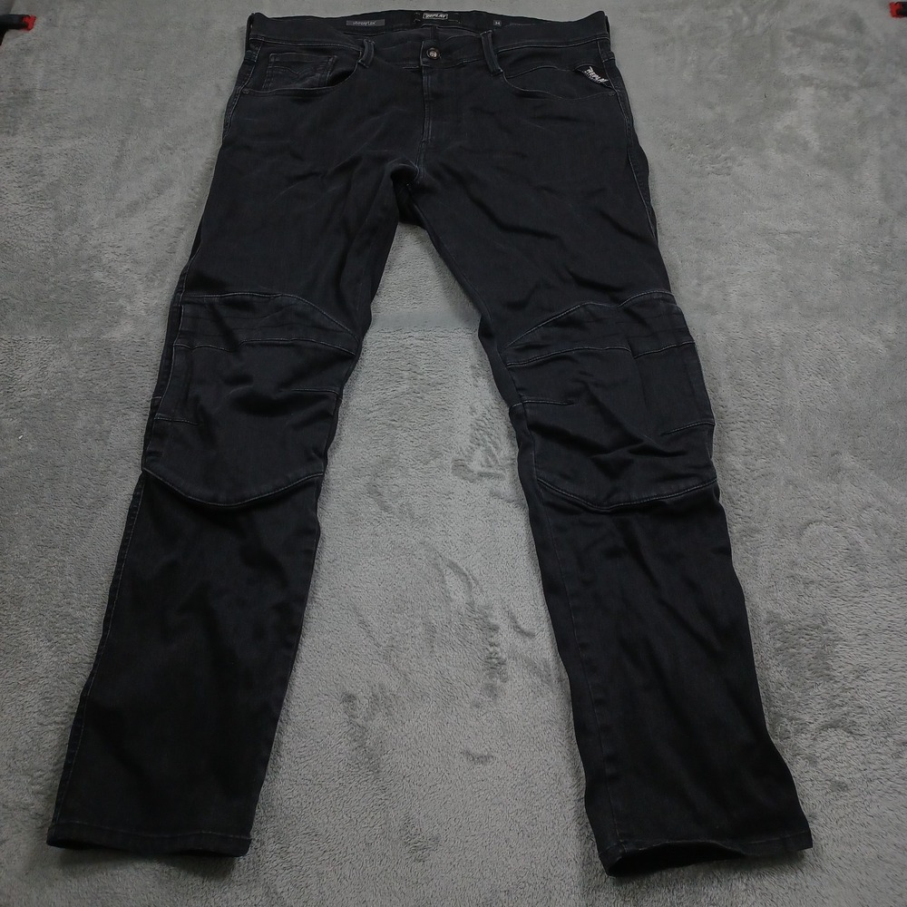 Replay Jeans Mens 34x30 Black Denim Motorcycle Racing Biker Pockets Brake